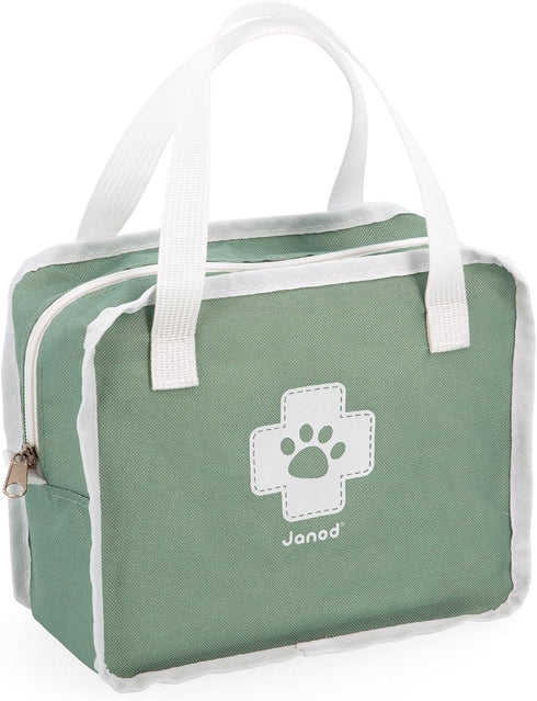 15-Piece 3+ J06466 Janod Pretend Play Vet Suitcase Role Play Veterinary Kit in Durable Zip-Up Cloth Case with Badge