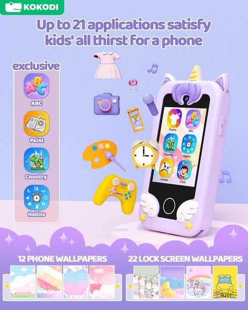 KOKODI Kids Smart Phone Toys, Unicorn Toddler Play Phone for Girls 3-10, Touchscreen HD Cell Phone, Travel Toy,