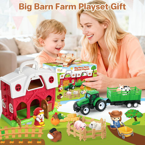 1 2 3 Set Toddler Toys for Years Old Boys and Girls, Farm Animals Big Barn Toy, Farm Animal with Farms Play Mat