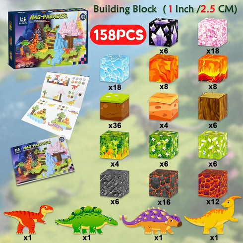 158PCS 1Inch 3D 3 -12 Magnetic Blocks- Magnetic Cubes Dinosaur World for Kids STEM Construction Toys - Learning