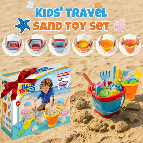 Cozycharm Set 2 2 2 6 Summer Beach Sand Toys for Toddlers, Portable Travel Beach Toys with Collapsible Buckets