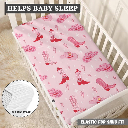 Streeyiu 52x28x8 Western Boots Baby Crib Sheets for Boys Girls Cowgirl Pink Breathable Soft Mini Fitted Crib Sheet