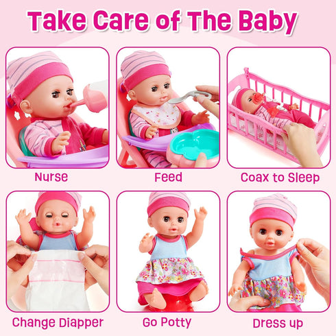 12in Set 20pcs Bag/Cradle/2 3 4 5 6 Golray Girl Baby Doll Crib and High Chair - Sound&Pee Interactive Baby Doll
