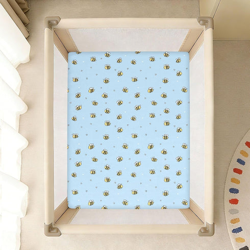 miaozhen 1 Pack 52x28 Cotton Crib Sheets for Baby Boys Girls Soft Breathable Naughty Animal Bees Blue Toddler Bedding