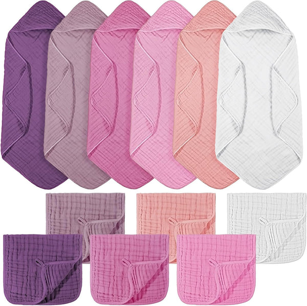 VitalCozy 12 Pcs Baby Muslin Hooded Bath Towels and Washcloths, Muslin Hooded