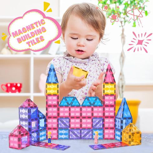 Princess Magnetic Tile Castle - 3D Building Block Set for Kids, Pink Magnetic Building Blocks with Doll, Ages 3-8