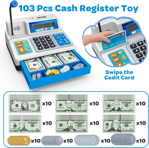 103 Set 3, 4, 5, 6 7 8+ Calculator Cash Register - Pcs Toy Cash Register, Store with Microphone, Credit Card