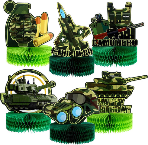 6 Pcs Army Camo Party Decorations - Military Themed Honeycomb Centerpieces for Birthday Baby Shower Table Decor