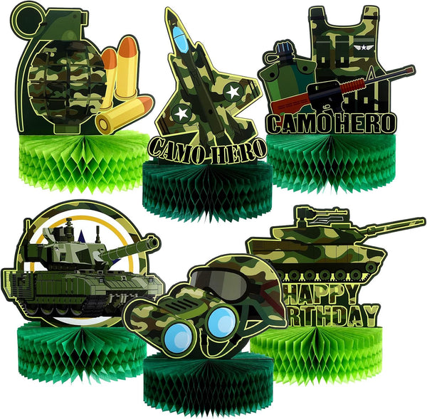 6 Pcs Army Camo Party Decorations - Military Themed Honeycomb Centerpieces for Birthday Baby Shower Table Decor
