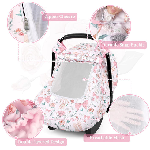 2 Cozy Baby Car Seat Cover Winter, Windproof Carseat Covers for Newborn with Layers Window, Pink Flowers Infant Car
