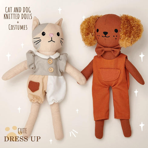Set 3+ Golray Portable Dress Up Plush Doll with Storage Case, Cat & Dog Stuffed Animal Toys, Doll Clothes with Wooden