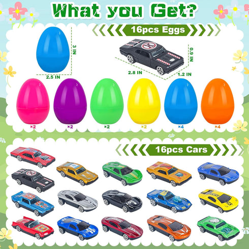 NEUBSAW 16 Packs Easter Eggs with Die-cast Cars for Boys, Prefilled Easter Eggs for Kids Toddlers Easter Basket