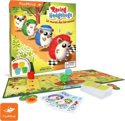 Foxmind Games: Racing Hedgehogs, a family betting race game from Dr. Reiner Knizia, up to 5 players, ages 6 and up.