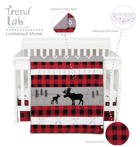 3 Set, Trend Lab Lumberjack Moose Piece Crib Bedding Gender-Neutral Color Palette, Includes Quilt, Fitted Crib Sheet