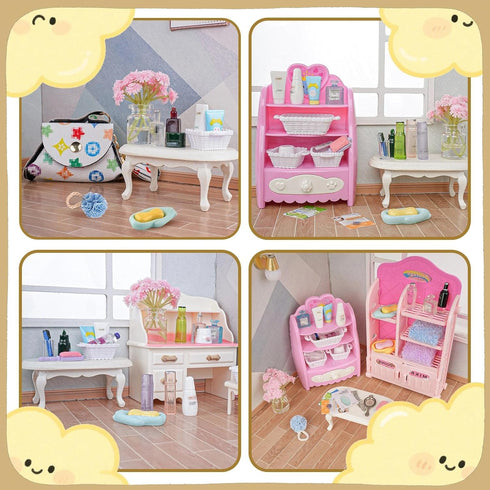 WEHOO 74Pcs Set Backpack Dollhouse Acessories Furniture Mini Cabinet with Drawers Case Handbag Towel Cosmetic Bathroom