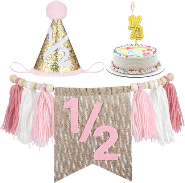 Silipull 1/2 Birthday Supplies Includes Half Birthday High Chair Banner and Hat