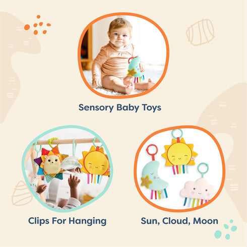 B. baby – 3 Sensory Baby Toys, Crinkle Toys for Newborns, Hanging Toys for Car Seat, Stroller, Crib – Sun, Cloud, Moon
