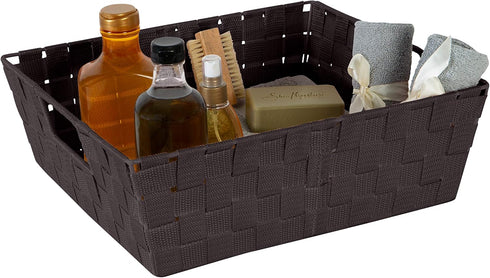 Simplify Large Shelf Woven Strap Tote, Decorative Storage Basket, Built-in Handles, 1 Pack, Chocolate