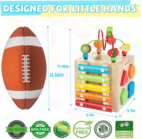 8-in-1 18 Set Bravmate Wooden Activity Cube, Wooden Montessori Learning Toys for M+ Toddlers, One Year Old First