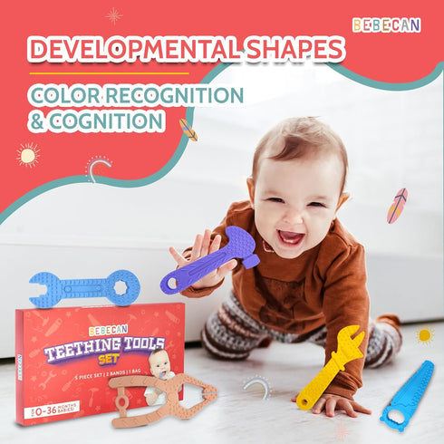 Teething Tools Teether for Baby - 5 Premium Silicone Baby Teething Toys with 2 Straps and Travel Bag