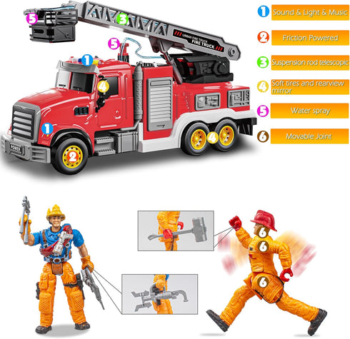 i diy 2pcs 3-5 Fire Truck Toy with Sound & Light - Firefighter & Water Sprinkler with Water Tank - Friction Powered Toy