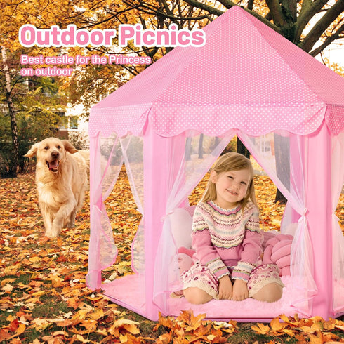 Princess Tent for Girls Indoor with Rug and Star Lights, Pink Play Tent for Kids, Castle Playhouse