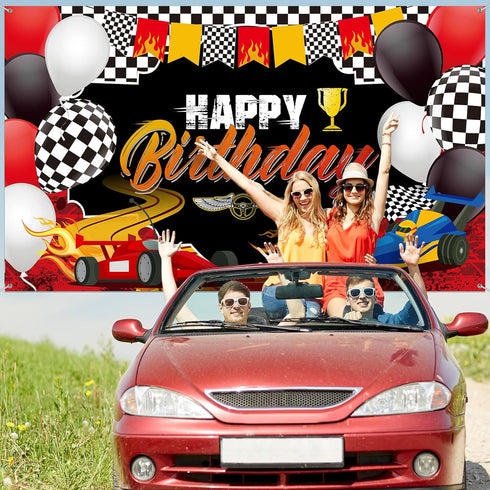 Car Racing Happy Birthday Backdrop, Car Themed Party Decorations, Photo Background for Birthday Photography Decor