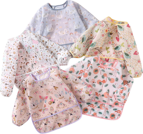 Sleeved Bib, 5 Pack, Waterproof Shirt Bibs for Baby 3-24 Months