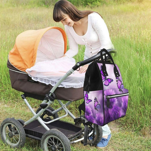 HCBPWVQA Backpack Daypacks Backpack Mommy Purple Flower Butterflies Diaper Bag with Changing Pad and Pacifier Holder