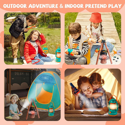 Set 50pcs Set Qtioucp Kids Camping with Tent & Space Projector Flashlight- Outdoor Campfire Toy for Toddlers Kids