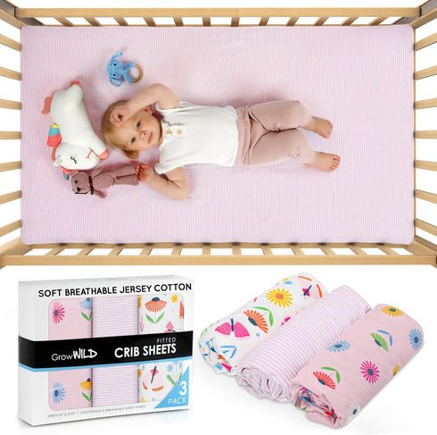 (3 Pack) Set GROW WILD Butterflies & Flowers Fitted Crib Sheets Girl - Soft Jersey Cotton Fitted Sheet, Toddler Bed