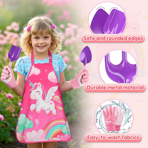 Set 3 4 5 6 7 8+ Kids Gardening Tool - Garden Tools for Kids with Shovel Trowel Rake Apron Gloves Watering Can and Tote