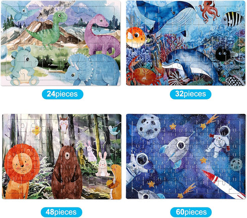 4 in 1 Increasing Difficulty Kids Puzzle, Ages 3-8, 24-60 Piece Educational Puzzles for Boys and Girls