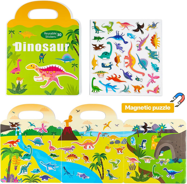 pinkking Magnetic Reusable Sticker Book for Toddler, Dinosaur Activity Magnet Book for 3