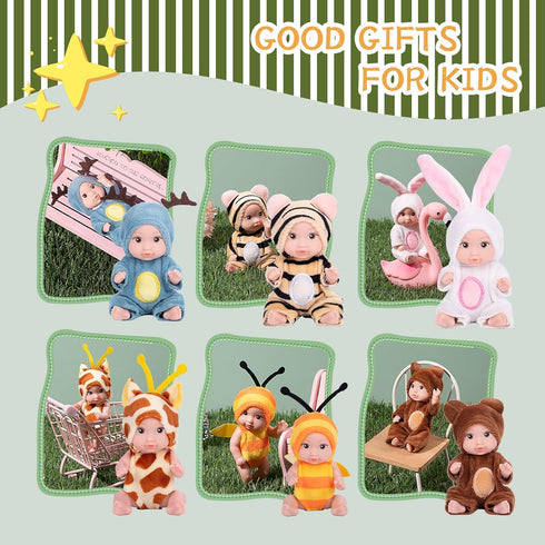 Vueos 6PCS 4inch Set 6 3+ Mini Dolls - Baby Doll with Animal Outfits & Accessories, Reborn Baby Dolls for Kids Role