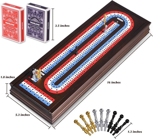 16'' Set 3-Track 2 9 VAMSLOVE Cribbage Board Game Wooden Scoreboard with Large Slots for Storing Playing Cards