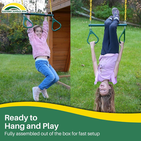 20" Pinch-Free 43" Eastern Jungle Gym Heavy-Duty Ring Trapeze Bar Combo, Large Trapeze Swing Bar with Triangular