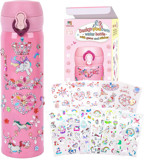 YOFUN Decorate Your Own Water Bottle, 11 Sheets of Unicorn Stickers & Glitter Gems, Craft Kit for Children, Pink