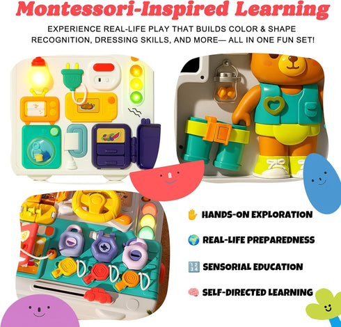 1-3, Montessori Busy Board for Toddlers Baby Educational Activity Board with Lights & Music, Sensory Toys for Fine