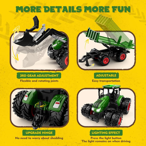 Set 8-Wheel 3-9, Uarzt Remote Control Tractor Toy with Trailer | Metal Front & Front Loader Farm Vehicle with Lights