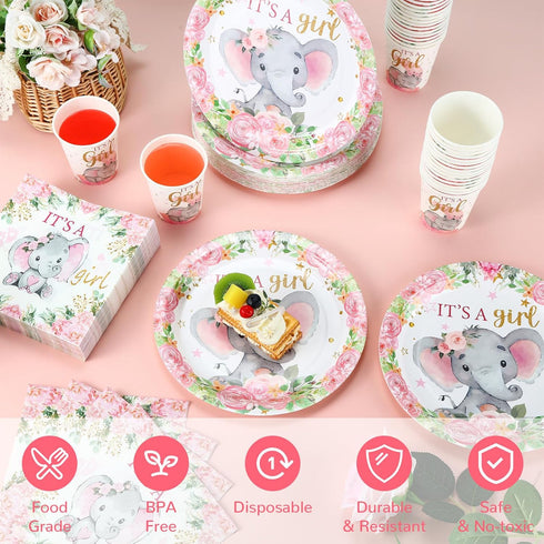 Hushee 200 Pcs Pink Elephant Baby Shower Party Supplies - Paper Plates, Napkins & Cups for 50 Guests
