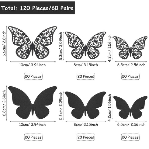 Outus 120 Pieces Black 3D Layered Butterfly Wall Decor, Removable Stickers for Birthday Cake Decorations