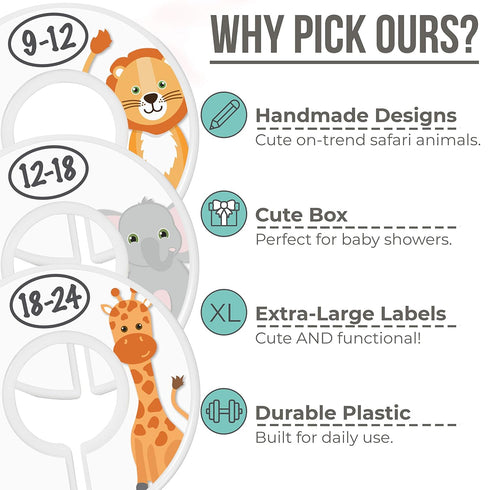 Baby Closet Size Dividers - 7X Safari Nursery Closet Dividers for Baby Clothes - Elephant Giraffe Zebra Lion Monkey