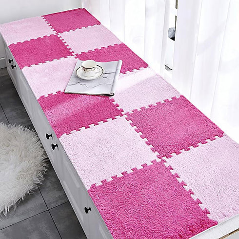 12pcs Decoration(11.8x11.8x0.55in,Rose Plush Puzzle Foam Floor Mat, Soft Thicken Fluffy Interlocking Square Foam Tiles