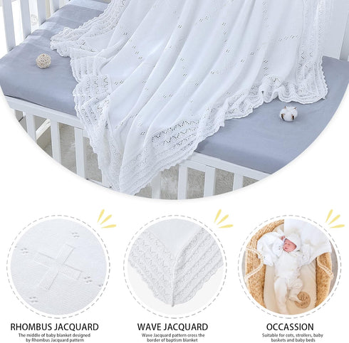 47x47 Booulfi Baby Blanket White Receiving Blanket Baptism Christening Towel for Newborn Girls Boys, White Cotton Knit