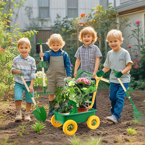 Set 7pcs Wheelbarrow Set 2 3+Years Duckura Kids Gardening Tools - Outdoor Toy for Kids with Shovel, Rake, Leaf Rake