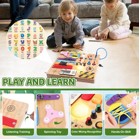 23-in-1 1-3, Montessori Busy Board with LED Lights Educational Wooden Activity Toy for Toddlers Ages Travel Sensory