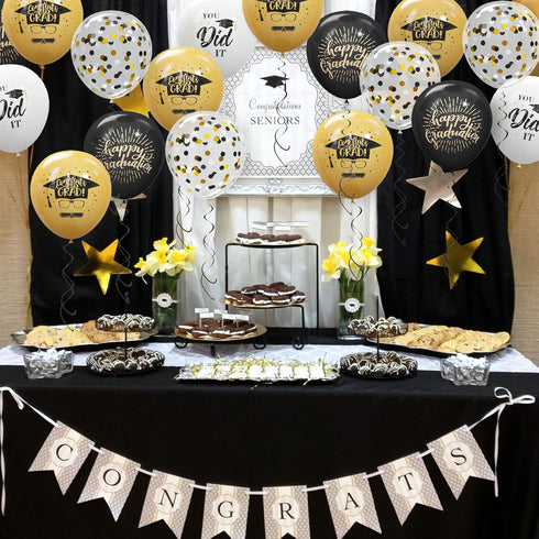 75 Pack Graduation Party Decorations, 12 Inch Black Gold Balloons with Balloon Ribbons for Graduation Party Supplies
