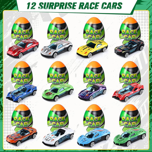 Cleboen Set 12 Pack Race Car Surprise Egg for Kids, Blind Eggs with Alloy Race Car Toys Inside, Ideal Birthday Gift