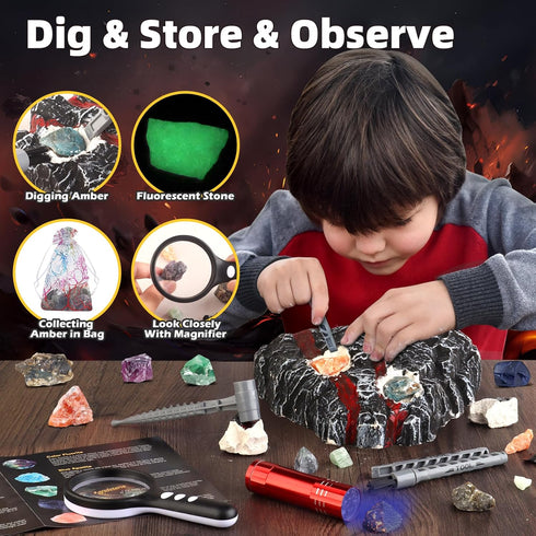 Volcano Dig Kit - 10 Rocks Excavation Kit, Fossil Volcano Toys for Kids, Gemstone Rocks Collection Birthday Gifts